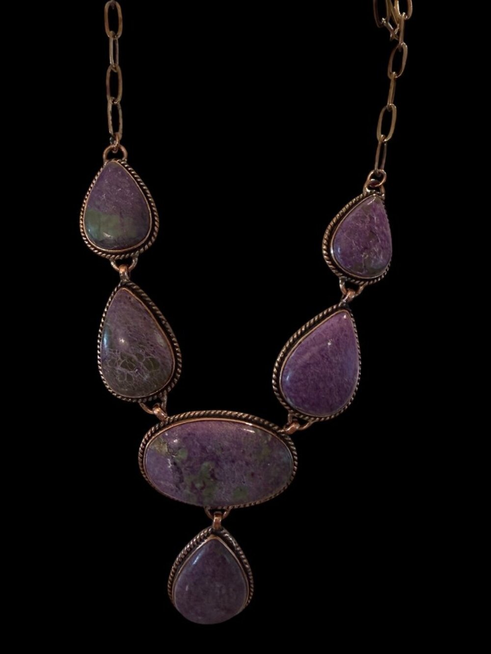 Artisan crafted Stichtite Purple gemstone Statement Necklace Copper chunky Chain